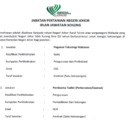 Iklan Jawatan Kosong (Kontrak) di Jabatan Pertanian Negeri Johor: